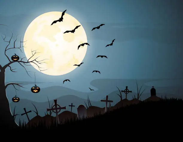 Vector illustration of Halloween night spooky background with pumpkins and flying bats. Vector