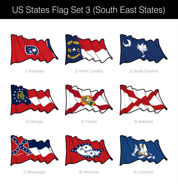 US States Flag Set - South East US South East States Flag Set. It includes the flags of Tennessee, North and South Carolina, Georgia, Florida, Alabama, Mississippi, Arkansas n Louisiana. Vector Icons all elements neatly on Layers us state flag stock illustrations