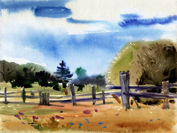 istock Etude Rural landscape with hay stack. Field, sky, fence. Watercolor drawing. 1182404671