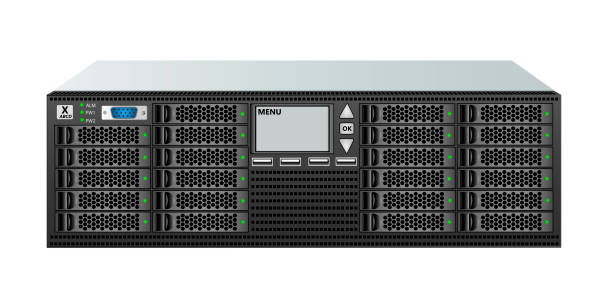 캐리어급 서버 크기 3u와 19인치 랙에 장착할 수 있는 28개의 2.5인치 하드 드라이브. - rack mount stock illustrations