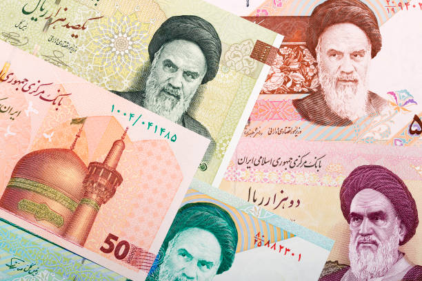 iranian rial a business background - iranian currency imagens e fotografias de stock