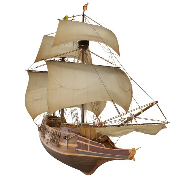 3D model of historic ship Spanish Galleon isolated on the white background. Render illustration.