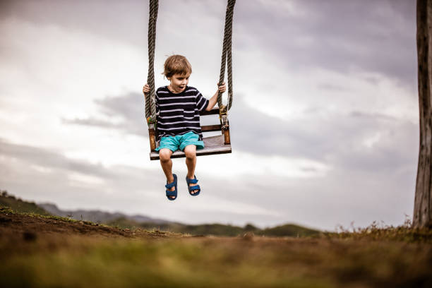 Cute little boy having fun on a swing in nature. Copy space.