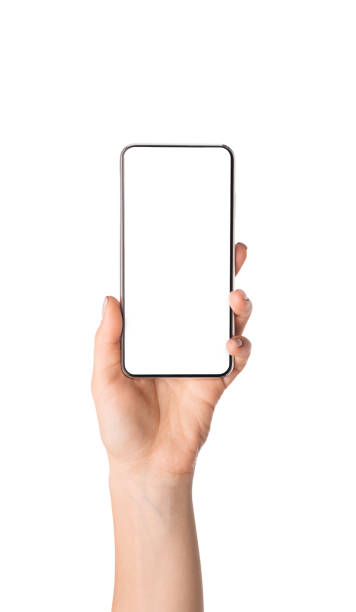 istock Female hand demonstrating new smartphone with blank screen 1182411802