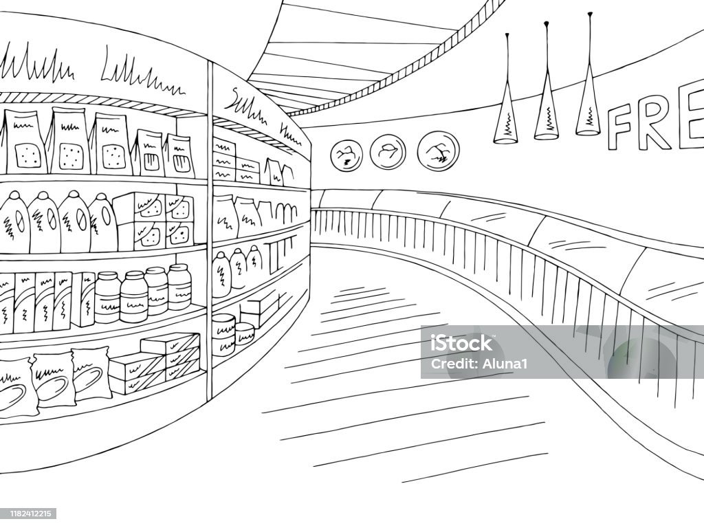 Grocery store shop interior black white graphic sketch illustration vector Supermarket stock vector