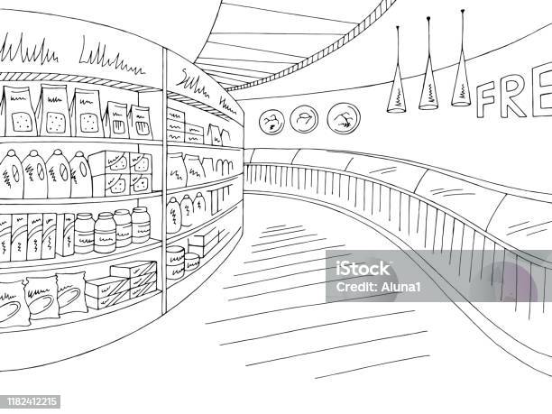 Grocery Store Shop Interior Black White Graphic Sketch Illustration Vector Stock Illustration - Download Image Now