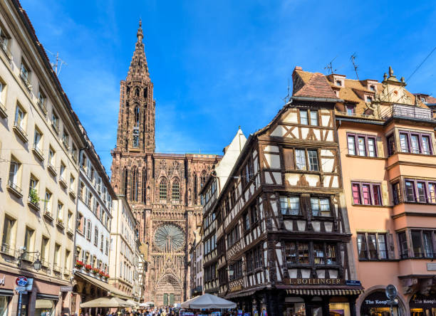 catedral de notre-dame de strasbourg e moradias half-timbered em strasbourg, france. - strasbourg cathedral - fotografias e filmes do acervo