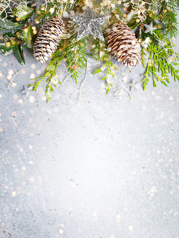 Christmas or winter background with a border of green and frosted evergreen branches and pine cones on a grey vintage board. Flat lay, winter concept with copy space.