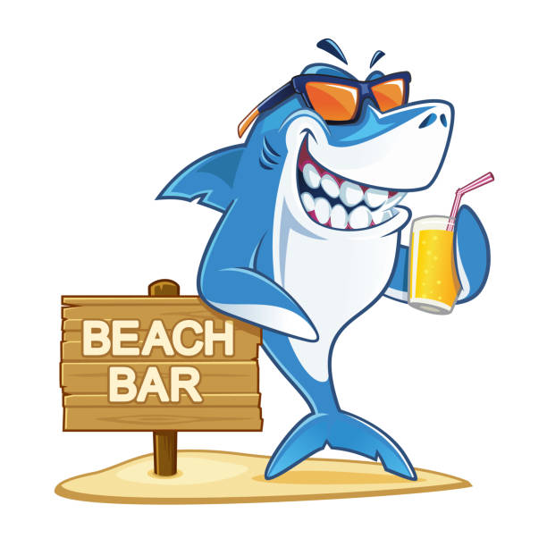 Shark with sunglasses and glass of juice Smiling shark on the beach bar with sunglasses and glass of juice funny fish cartoons stock illustrations