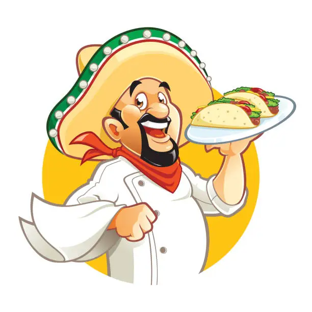 Vector illustration of Mexican chef with sombrero and two takos