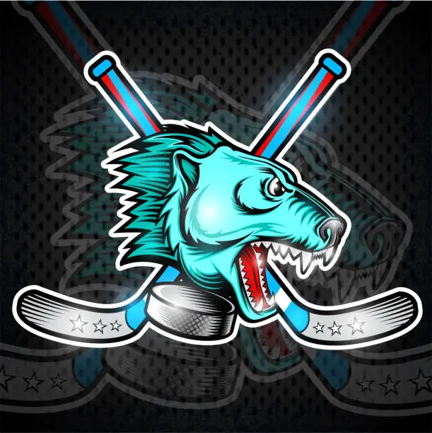 Vector illustration of Beast bear face from the side view with hockey puck and crossed stick. Label for any sport team polar bear
