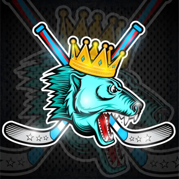 Vector illustration of Beast bear face from the side view with hockey puck, crown and crossed stick. Label for any sport team polar bear