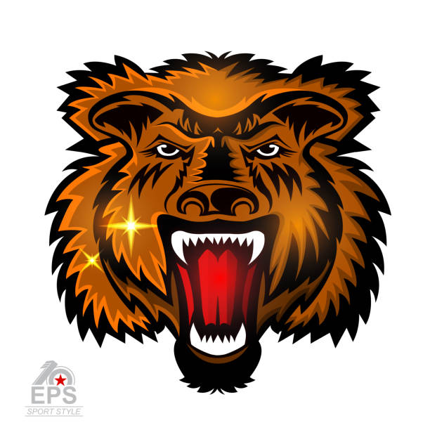 istock Beast face from the front with bared teeth isolated on white. Label for any sport team grizzly 1182416741