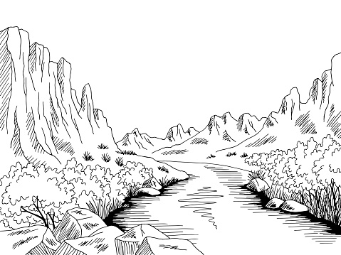 Canyon river graphic black white desert mountain landscape sketch illustration vector