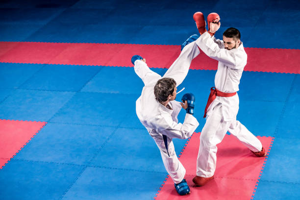 istock Karate players competing during the match 1182419780