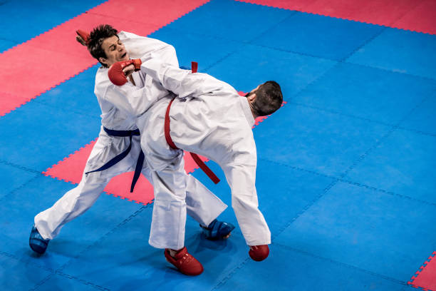 istock Karate players competing during the match 1182419795