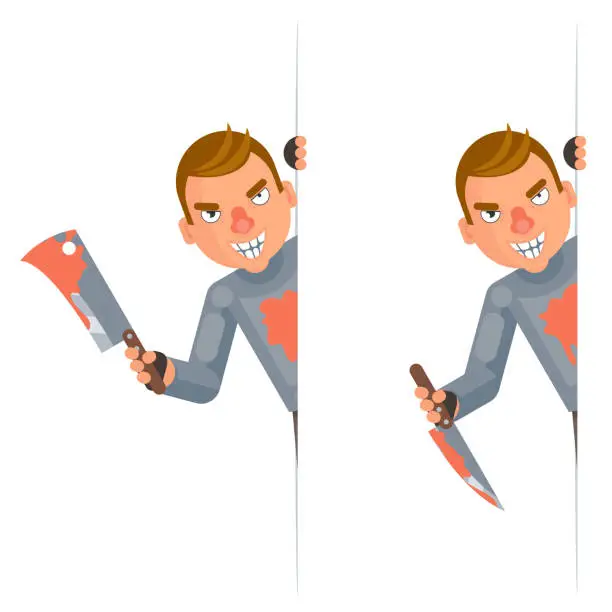 Vector illustration of Maniac look out corner killer psychopath blood knife axe hand insane evil psycho cartoon character flat design isolated vector illustration