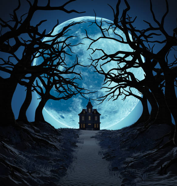 istock Lonely House and Dark Trees against Big Blue Moon 1182423477