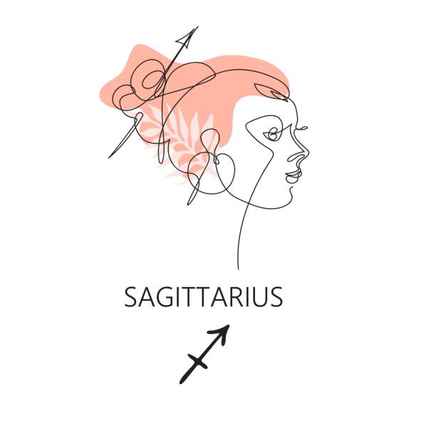 조디악 기호 궁수자리. 한 줄. 미니멀리즘 스타일의 벡터 일러스트레이션. - sagittarius stock illustrations