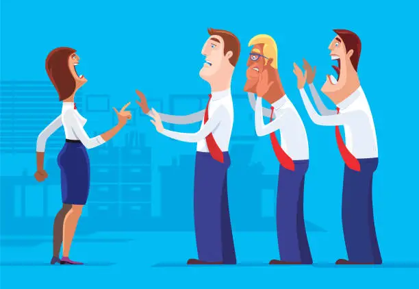 Vector illustration of businesswoman blaming and pointing businessmen