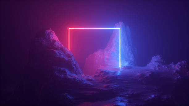 3d Abstract Neon Background Cosmic Landscape Terrain At Night Foggy Rocks  Ground Square Frame Red Blue Violet Light Virtual Reality Energy Source  Dark Space Laser Ring Sacred Geometry Stock Photo - Download