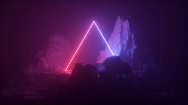 istock 3d abstract neon background. Cosmic landscape, terrain at night, foggy rocks, ground. Triangular frame, red blue violet light, virtual reality, energy source, dark space, laser ring. Sacred geometry. 1182427417