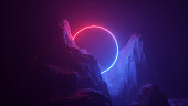 3d abstract neon background. Cosmic landscape, terrain at night, foggy rocks, ground. Round blank frame, copy space. Red blue light, virtual reality, energy source, laser ring.