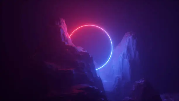 Photo of 3d abstract neon background. Cosmic landscape, terrain at night, foggy rocks, ground. Round blank frame, copy space. Red blue light, virtual reality, energy source, laser ring.