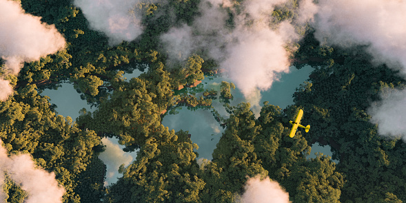 Concepto de mundo de hábitat sostenible. Vista aérea distante de una densa vegetación de selva tropical con lagos en forma de continentes del mundo, nubes y un pequeño avión amarillo. Renderizado 3d. photo