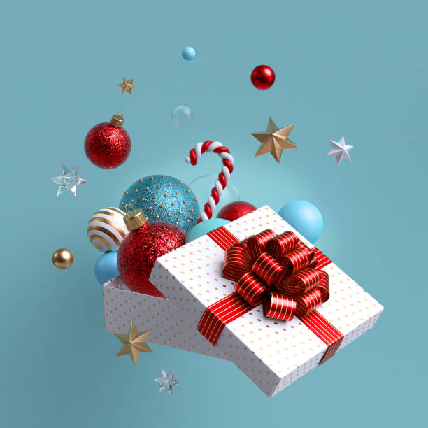 3d聖誕裝飾品和玻璃球脫落，打開白色包裝盒與紅色蝴蝶結。寒假套餐。懸浮物件。在藍色背景上隔離的節日剪貼畫 - 失重 插圖 個照片及圖片檔