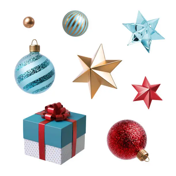 3d Christmas clip art. Set of design elements, isolated on white background. Gift box, golden star, red and blue glass balls ornaments.