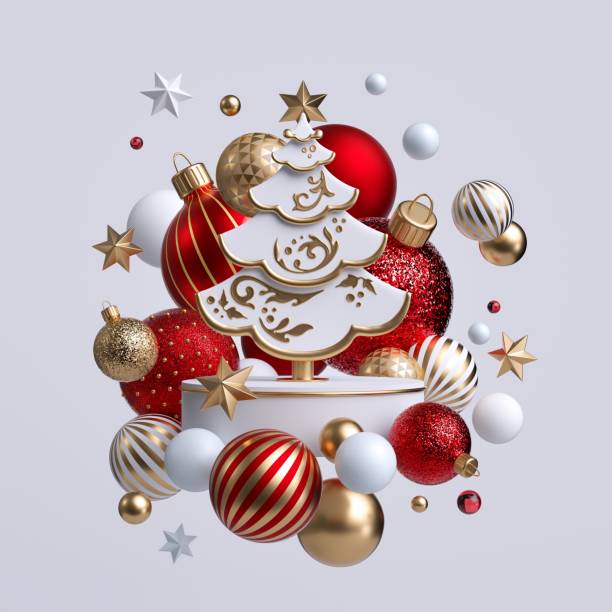 istock 3d Christmas tree ornaments, isolated on white background. Decorative fir tree with winter holiday decor: glass balls, golden stars, candy cane, snowballs. Greeting card or poster. Levitating objects. 1182427582