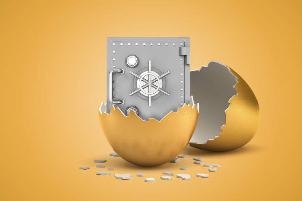 istock 3d rendering of closed light-grey safe that just hatched out from golden egg. 1182427803