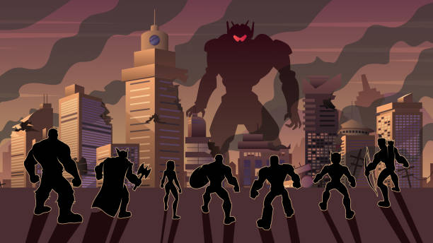 ilustrații de stoc cu super echipa versus evil robot - personaj negativ