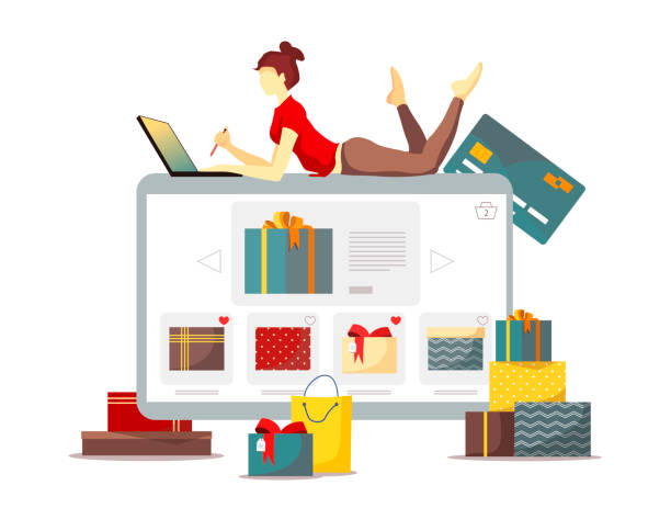 poster für weihnachten, neujahr, geburtstagsgeschenke, store, e-shop und e-commerce. frau mit laptop wahl geschenke. - shopping christmas women retail stock-grafiken, -clipart, -cartoons und -symbole