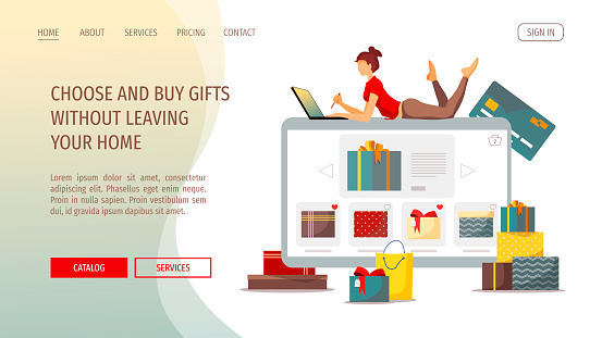 Web page design template for Christmas, New Year, Birthday gifts, Store, E-shop and E-commerce. Woman with laptop choosing gifts. Vector illustration for poster, banner, flyer, brochure, website.