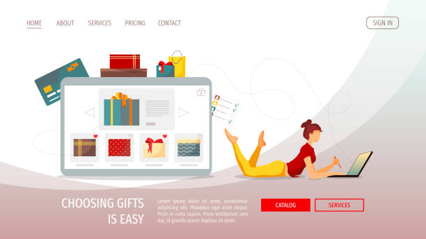 webseiten-design für weihnachten, neujahr, geburtstagsgeschenke, store, e-shop und e-commerce. frau mit laptop wahl geschenke. - shopping christmas women retail stock-grafiken, -clipart, -cartoons und -symbole