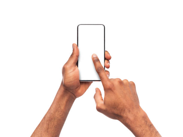 Black man's hands using smartphone with blank screen Black man's hands using smartphone with blank screen, isolated on white background, mockup scrolling stock pictures, royalty-free photos & images