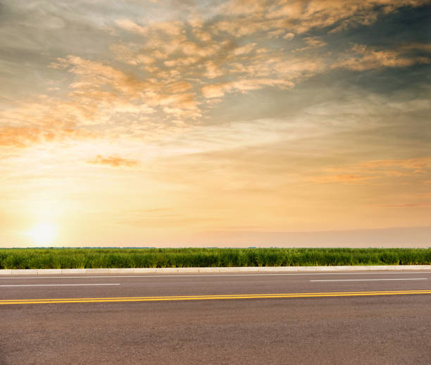 Empty asphalt road with yellow stripes