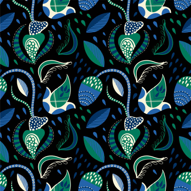 hand drawing modern seamless pattern hand drawing modern seamless pattern with simple doodle flower on a dark background, vector illustration christmas batik fabric stock illustrations