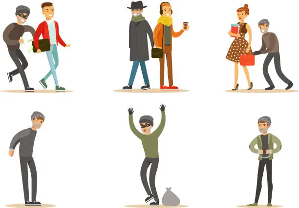 Vector illustration of Criminals and Robbers Characters Set, Pickpockets in Dark Clothes Stealing Wallets From Handbag and Pockets of People Vector Illustration