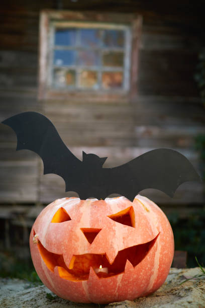 istock Halloween pumpkin head lantern with eyes and a face on a stump, in a rustic setting with a bat on a background of a wall of wooden planks 1182432557