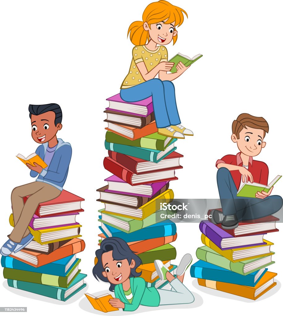 Cartoon Teenagers Reading Books Stock Illustration - Download Image Now -  Reading, Child, Book - iStock