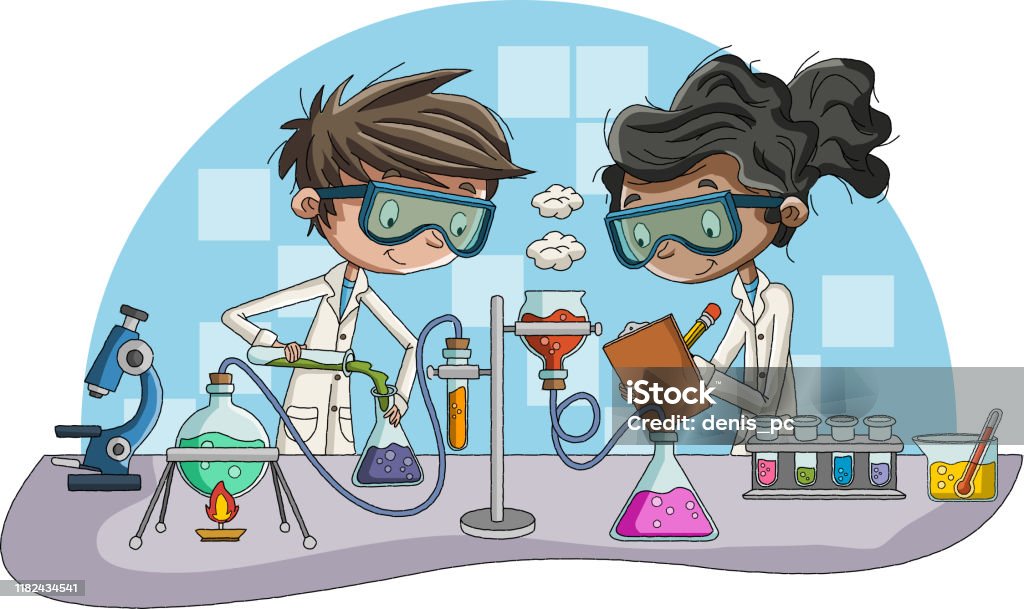 Ilustración de Estudiantes De Dibujos Animados Que Investigan Con Fluido  Químico En El Laboratorio y más Vectores Libres de Derechos de Niño - iStock