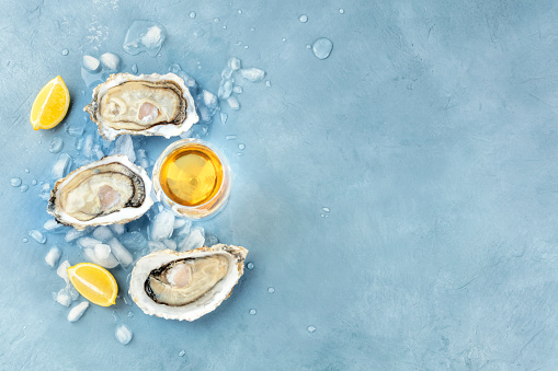 Fresh raw oysters, shot from the top on ice with a glass of white wine, lemon slices, and a place for text
