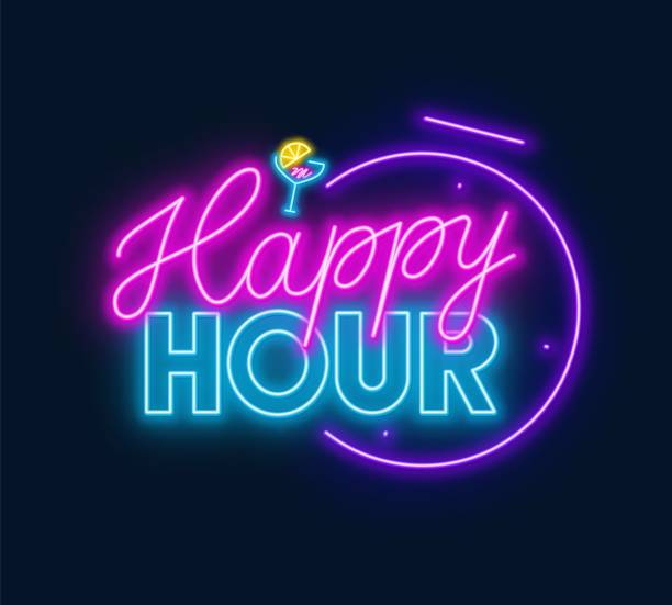 tanda neon happy hour di latar belakang gelap. - happy hour ilustrasi stok
