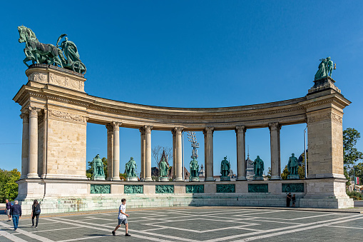 Budapest, Hungary - October 01, 2019: Hero's Square Budapest, Hosok tere, Hungary. It is home to iconic statuary and other important national leaders, as well as the Tomb of the Unknown Soldier.