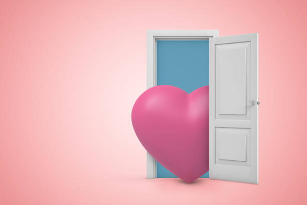 istock 3d rendering of a white open doorway with pink heart on light pink background 1182437662