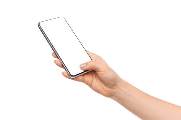 vrouw hand houden en aanraken van lege smartphone scherm met duim - phone hand thumb stockfoto's en -beelden