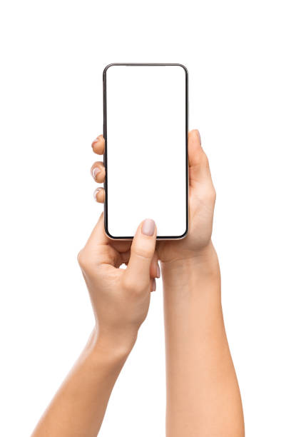 woman holding smartphone with blank screen, scanning fingerprint - fingerprint scanner imagens e fotografias de stock